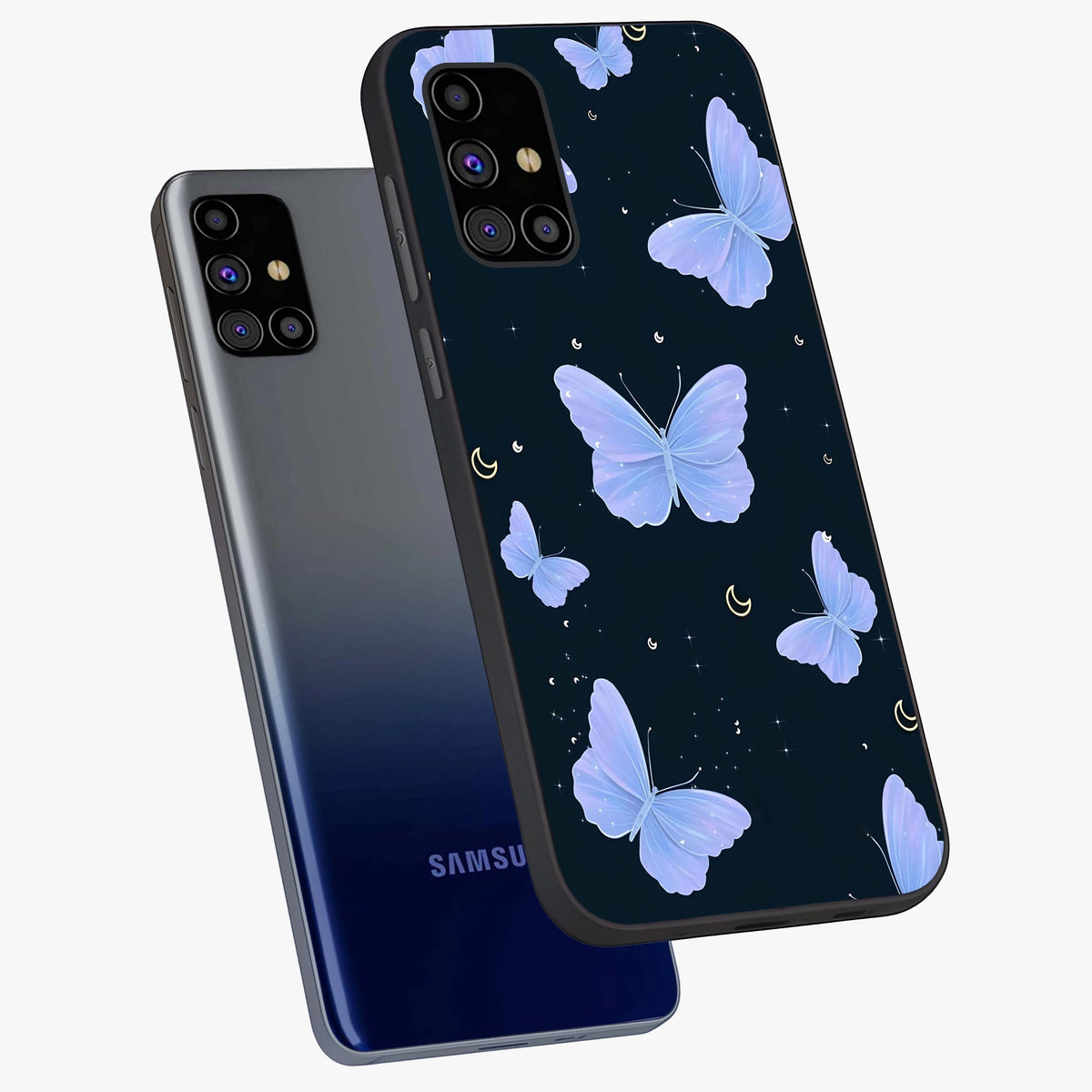 Butterfly With Stars Pattern Glass Case displayed in angled mockup highlighting dreamy butterfly and star design with aesthetic theme.