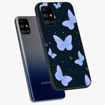 Butterfly With Stars Pattern Glass Case displayed in angled mockup highlighting dreamy butterfly and star design with aesthetic theme.