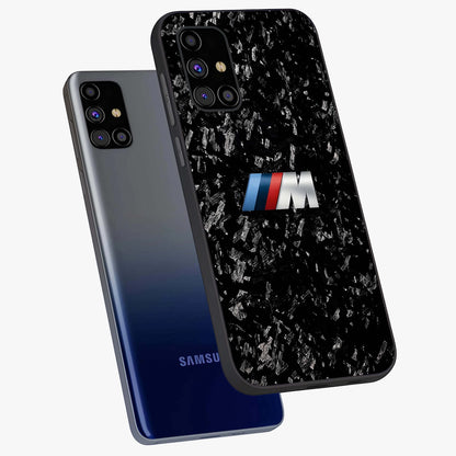 Carbon Speed Mark Glass Case displayed in angled mockup highlighting racing inspired carbon design and sleek aesthetic style.