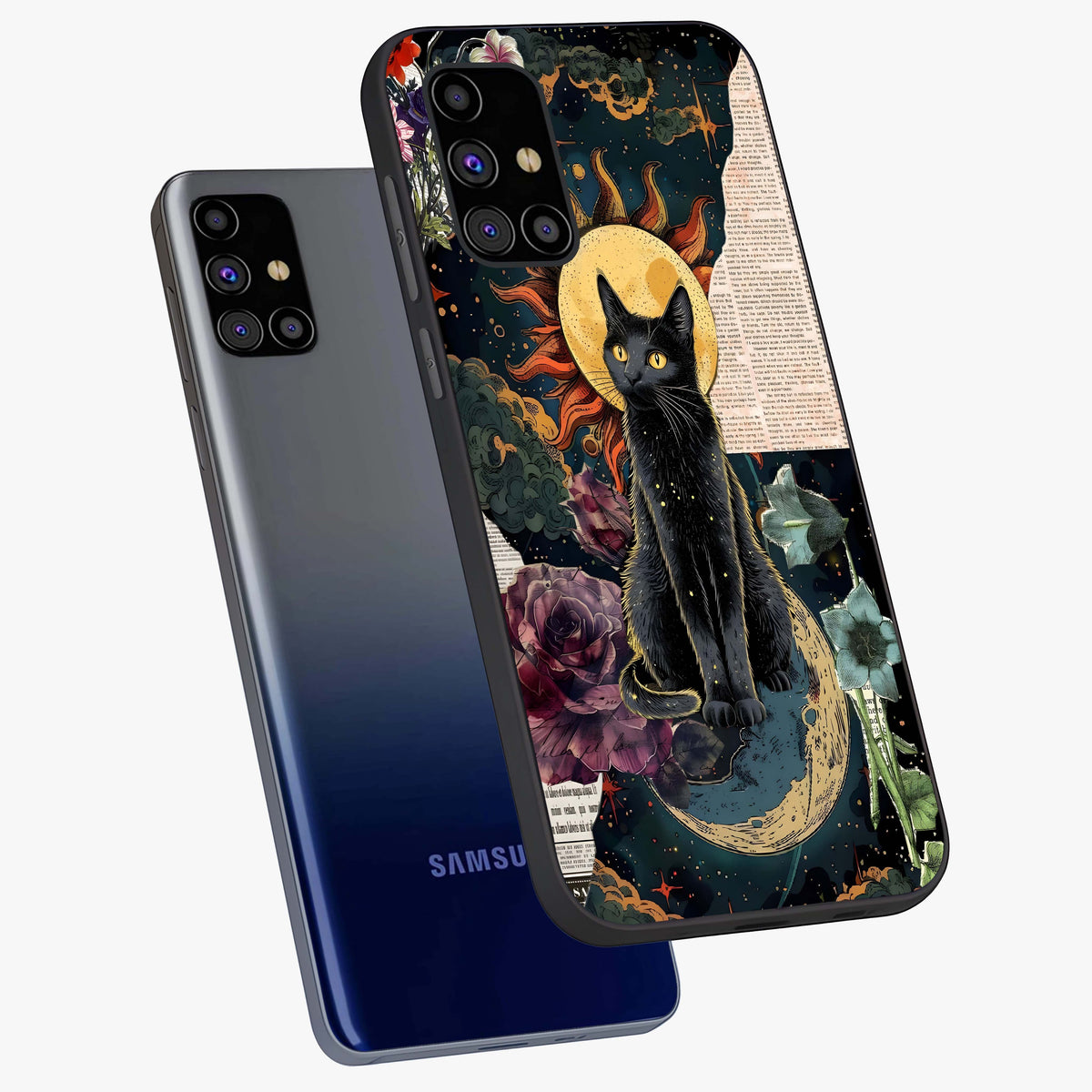 Celestial Black Cat Glass Case displayed in angled mockup highlighting cosmic black cat design with celestial aesthetic.