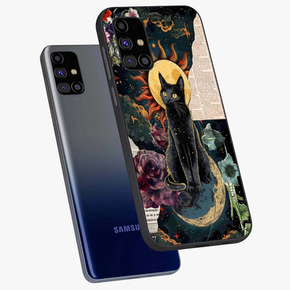 Celestial Black Cat Glass Case displayed in angled mockup highlighting cosmic black cat design with celestial aesthetic.