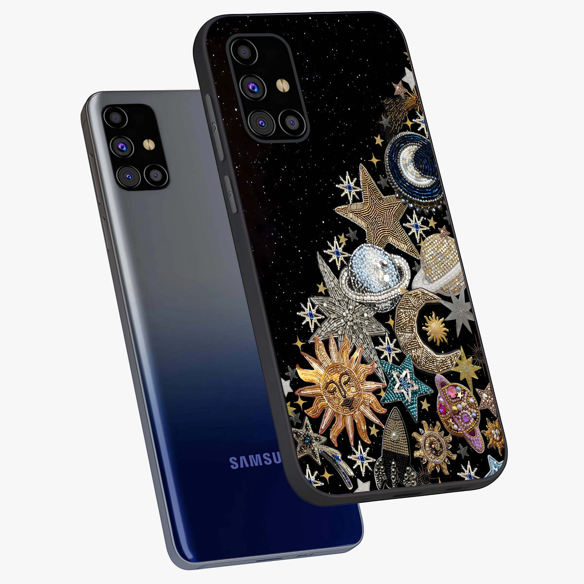 Cosmic Sparkle Dreams Glass Case displayed in angled mockup highlighting dreamy star sparkle design with celestial aesthetic.