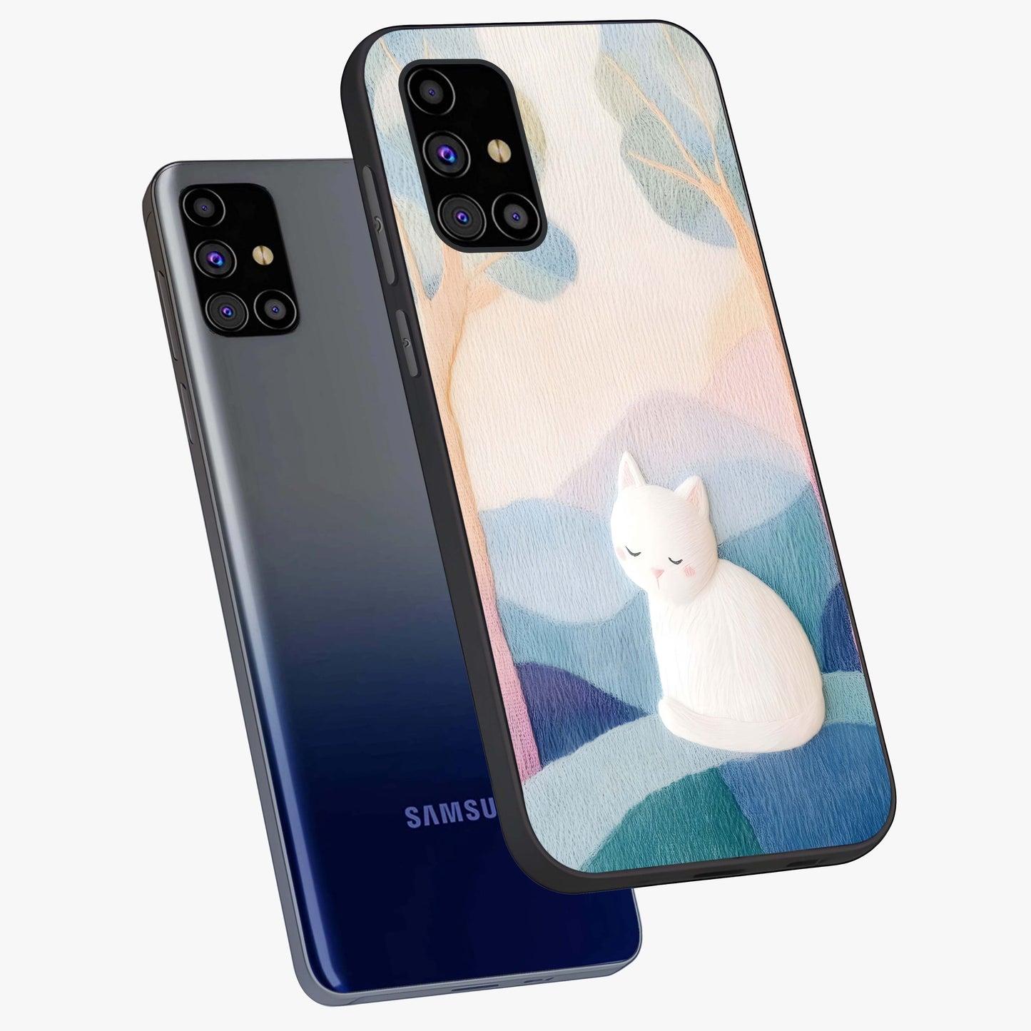 Cotton Dream Cat Glass Case displayed in angled mockup highlighting cute feline illustration with pastel aesthetic style.