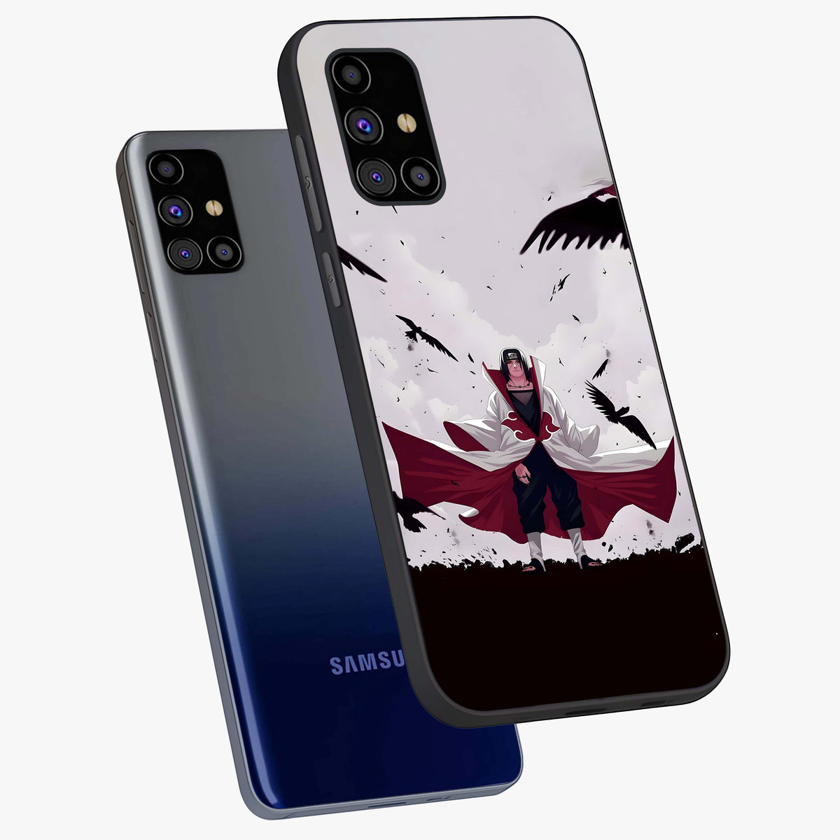 Crimson Crow Ascension Glass Case displayed in angled mockup highlighting powerful crow illustration with dark crimson aesthetic.