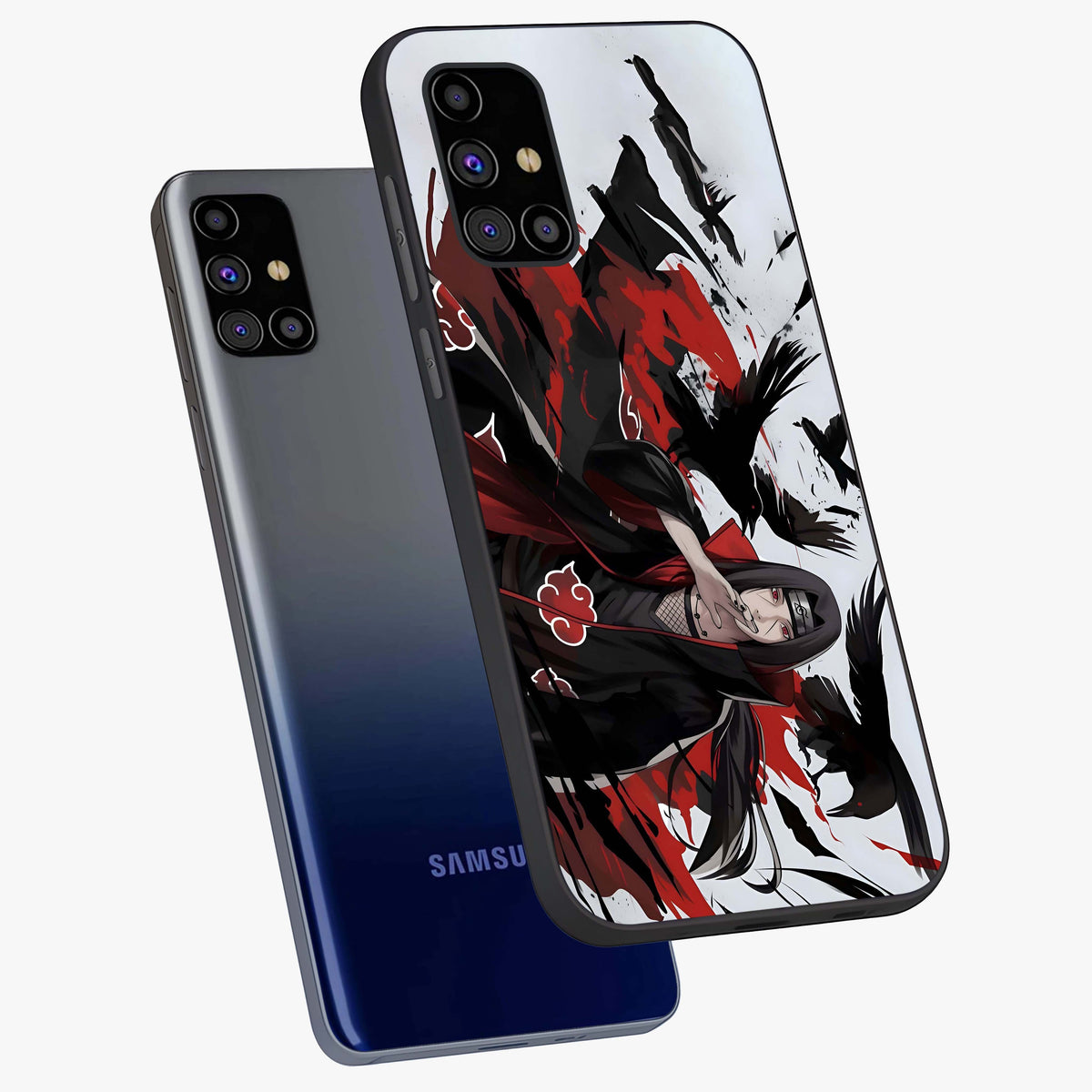 Crimson Crow Illusion Glass Case displayed in angled mockup highlighting mysterious crow graphic with dark aesthetic style.