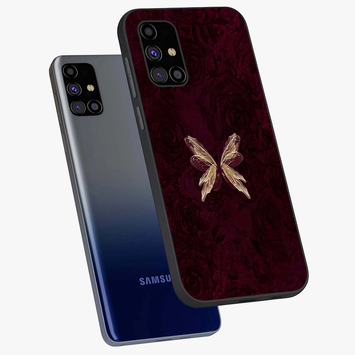 Crimson Fade Butterfly Glass Case displayed in angled mockup highlighting elegant butterfly design with crimson gradient aesthetic.