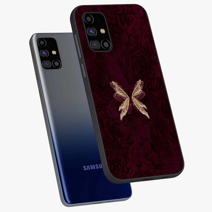 Crimson Fade Butterfly Glass Case displayed in angled mockup highlighting elegant butterfly design with crimson gradient aesthetic.