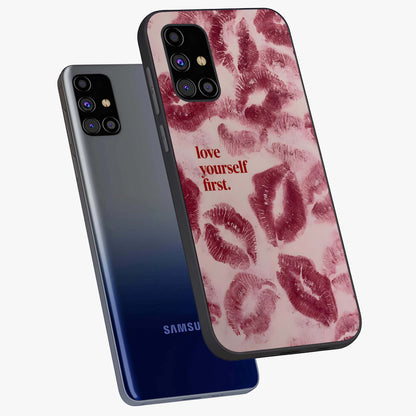 Crimson Kiss Love Glass Case displayed in angled mockup highlighting bold love inspired design with modern aesthetic style.