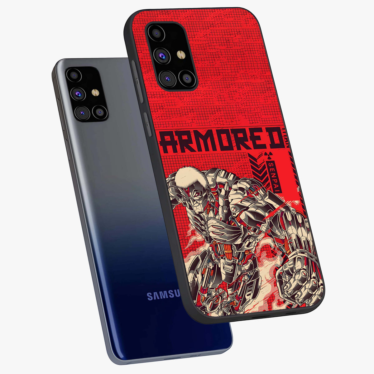 Crimson Mecha Titan Glass Case displayed in angled mockup highlighting futuristic mech illustration with bold crimson aesthetic.