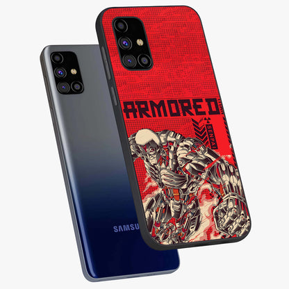 Crimson Mecha Titan Glass Case displayed in angled mockup highlighting futuristic mech illustration with bold crimson aesthetic.