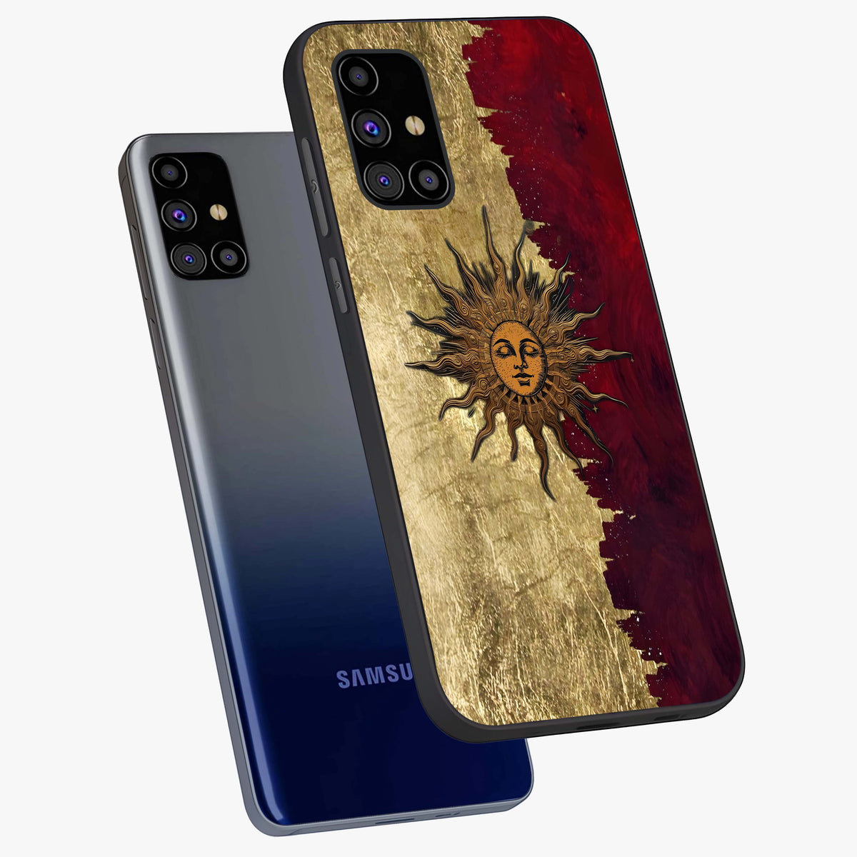 Crimson Sun Majesty Glass Case displayed in angled mockup highlighting majestic crimson sun design with bold aesthetic style.