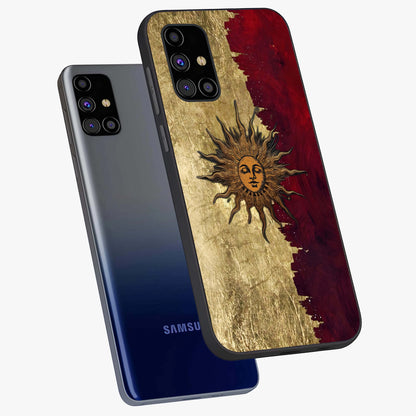 Crimson Sun Majesty Glass Case displayed in angled mockup highlighting majestic crimson sun design with bold aesthetic style.