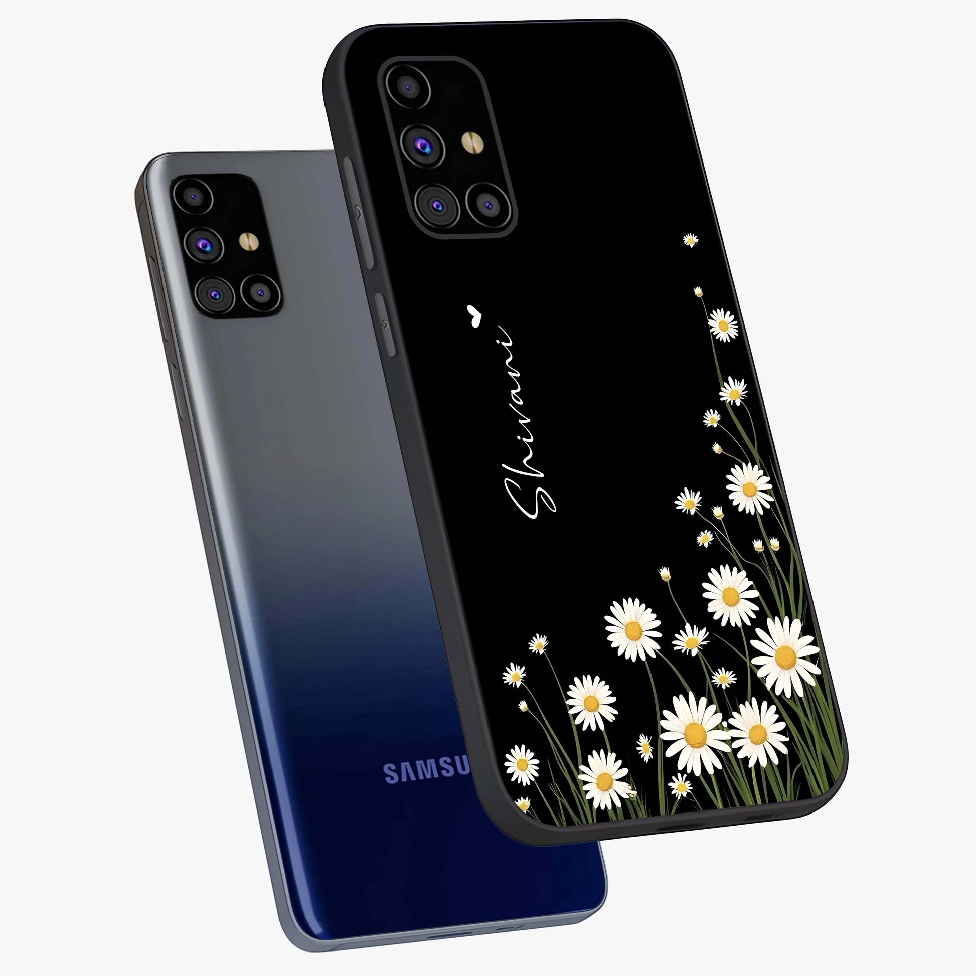 Daisy Cascade Custom Name Glass Case displayed in angled mockup highlighting delicate daisy artwork with custom name feature.