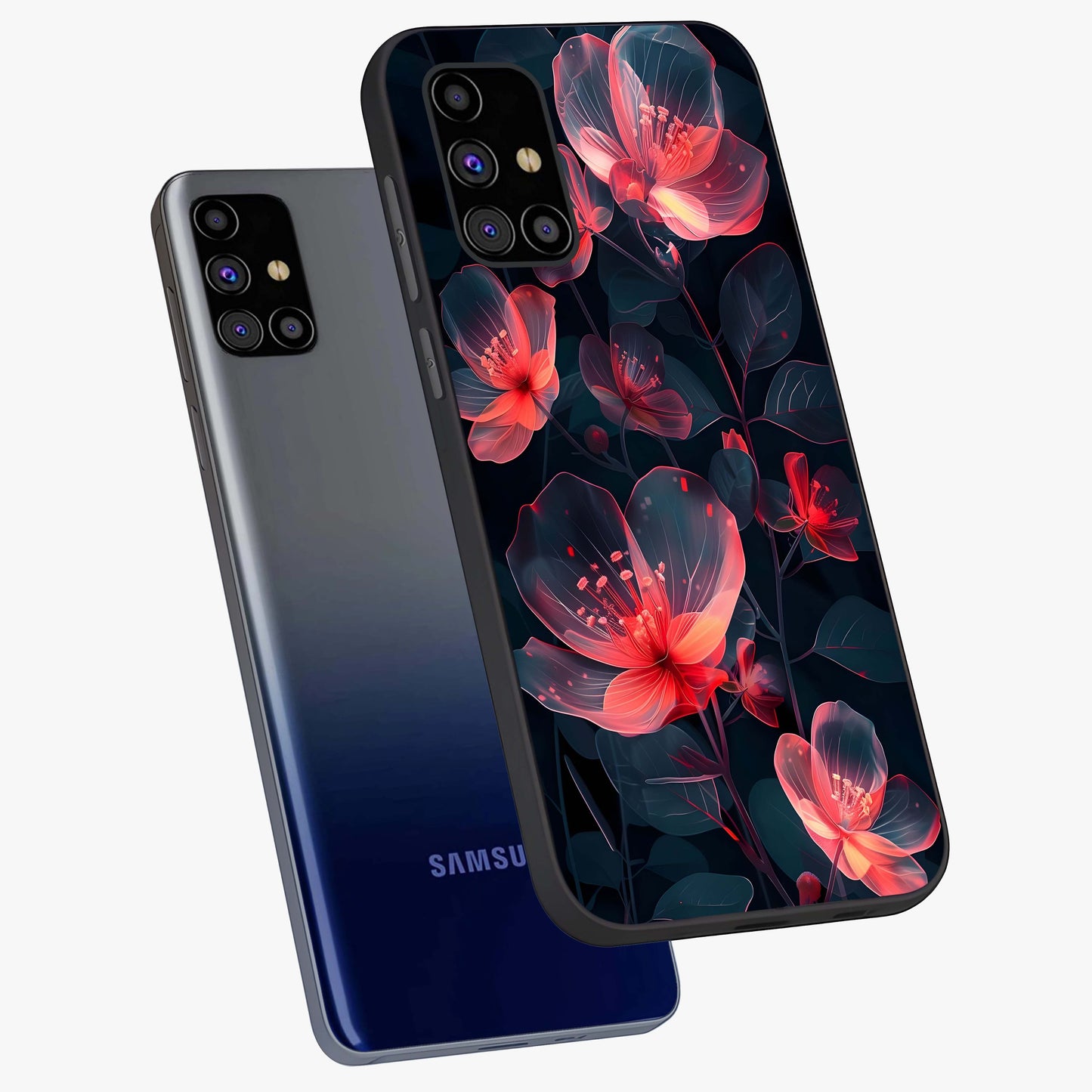 Dark Shade of Flower Glass Case displayed in angled mockup highlighting moody floral illustration with aesthetic dark tones.