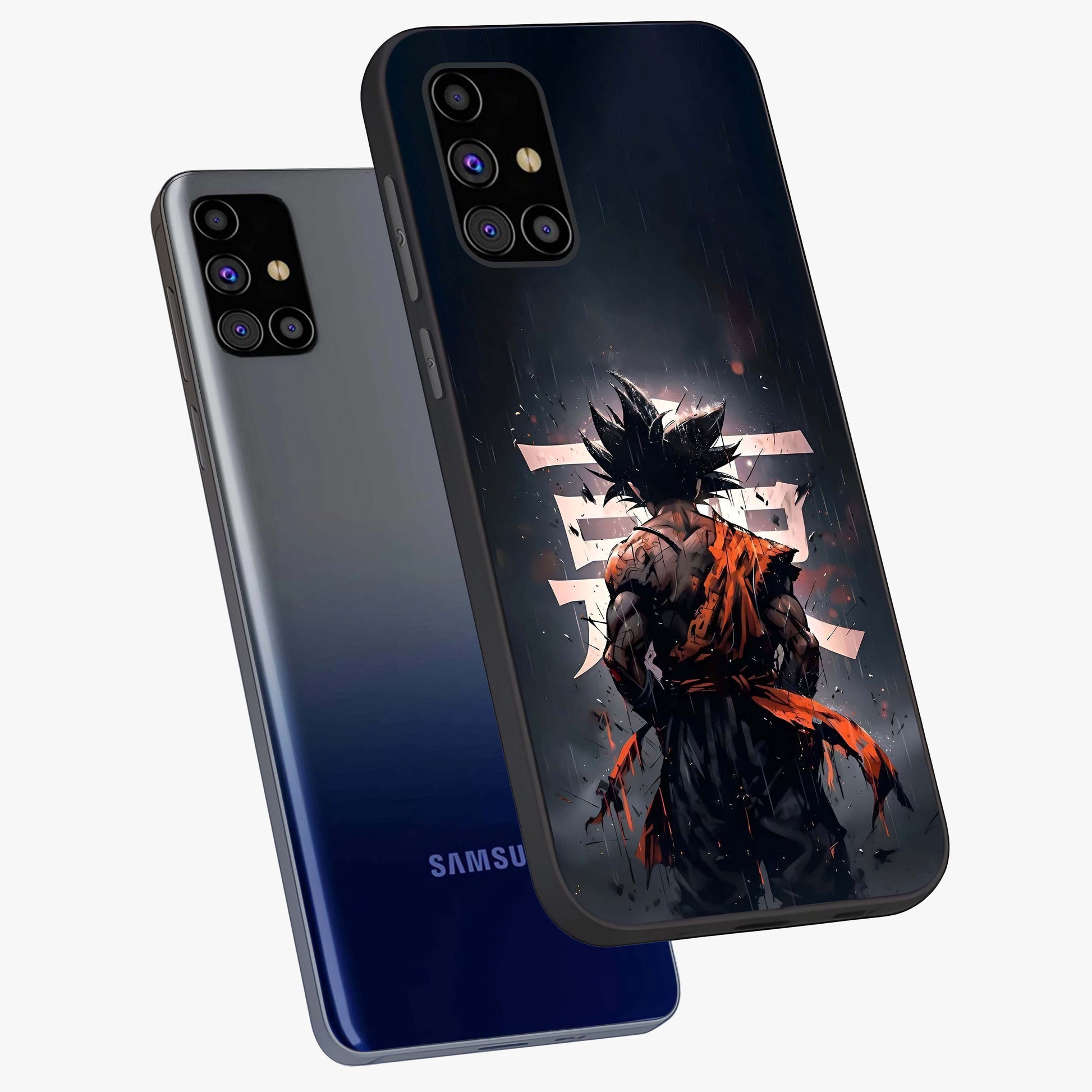 Dark Warrior In Rain Glass Case displayed in angled mockup highlighting dramatic warrior illustration with dark rain aesthetic.