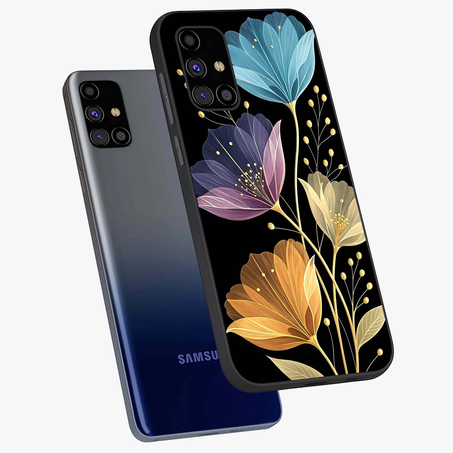 Delicate Multicolor Flowers Glass Case displayed in angled mockup highlighting colorful flower pattern with soft aesthetic style.