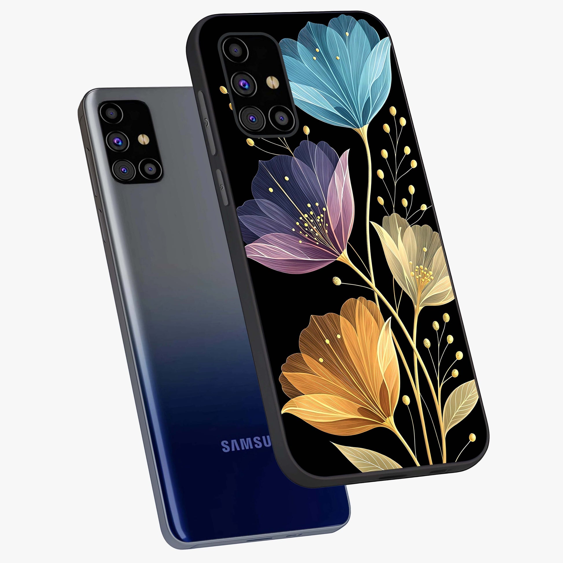 Delicate Multicolor Flowers Glass Case displayed in angled mockup highlighting colorful flower pattern with soft aesthetic style.