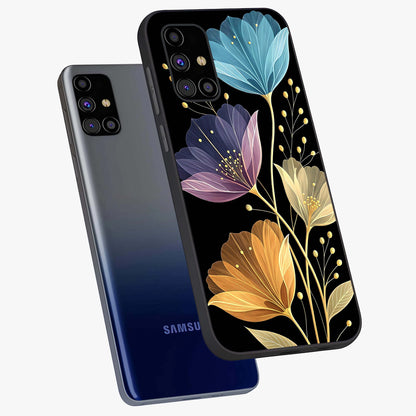 Delicate Multicolor Flowers Glass Case displayed in angled mockup highlighting colorful flower pattern with soft aesthetic style.