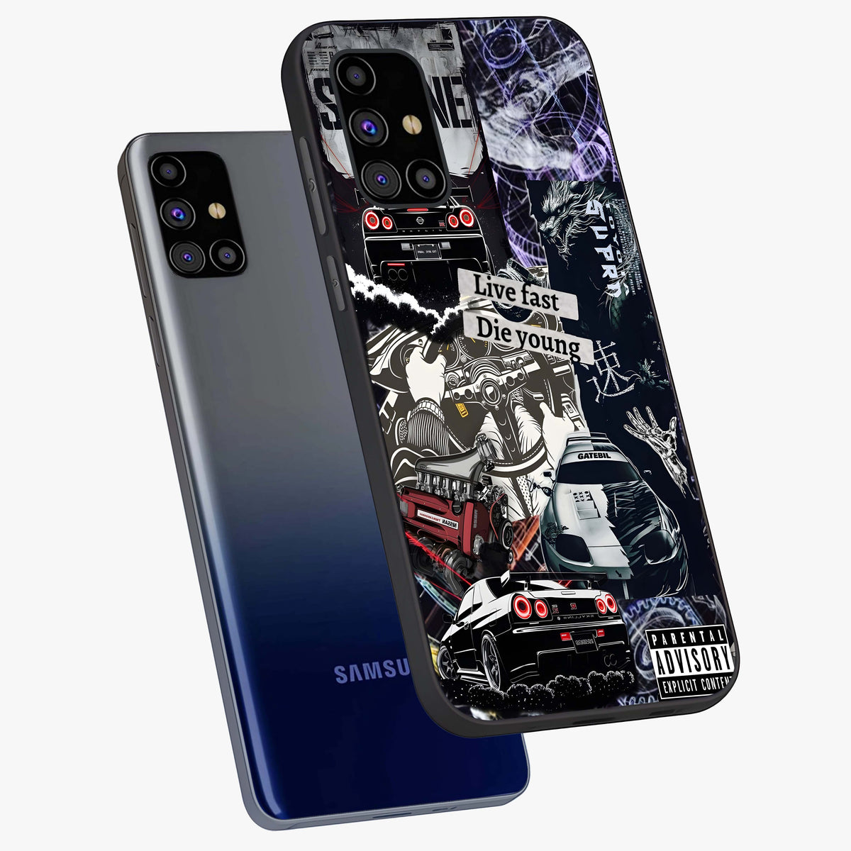 Die Young Glass Case displayed in angled mockup highlighting expressive graphic artwork with edgy aesthetic style.