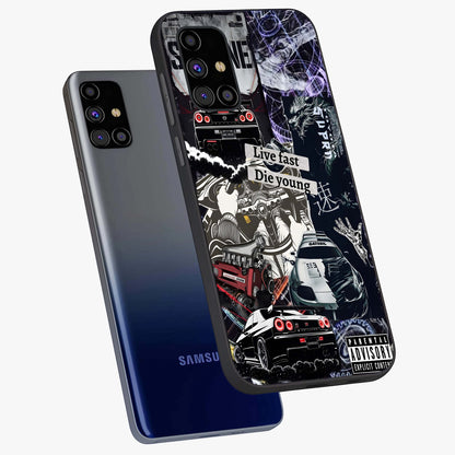Die Young Glass Case displayed in angled mockup highlighting expressive graphic artwork with edgy aesthetic style.