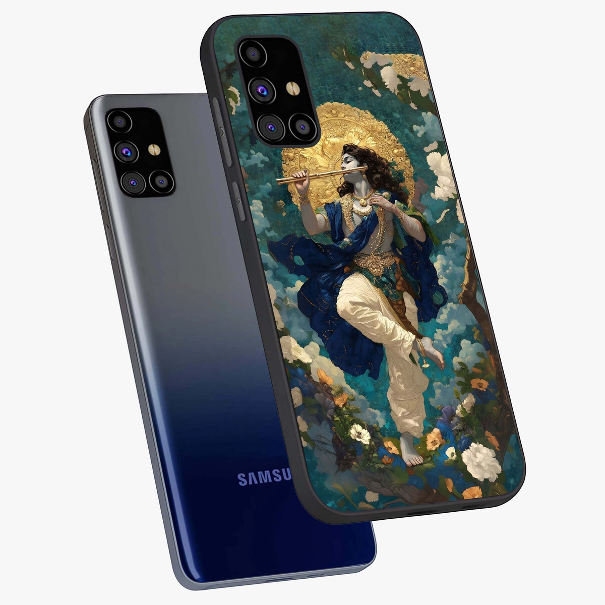 Divine Krishna Art Glass Case displayed in angled mockup highlighting spiritual Krishna illustration with devotional aesthetic.