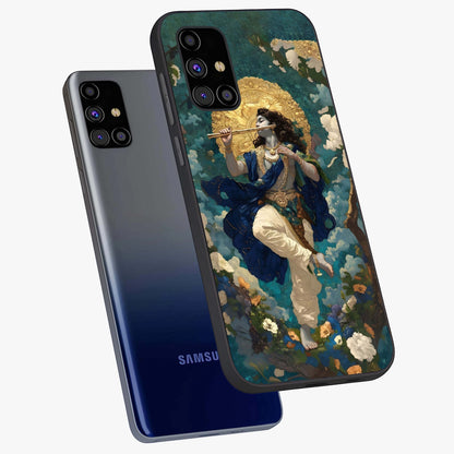 Divine Krishna Art Glass Case displayed in angled mockup highlighting spiritual Krishna illustration with devotional aesthetic.