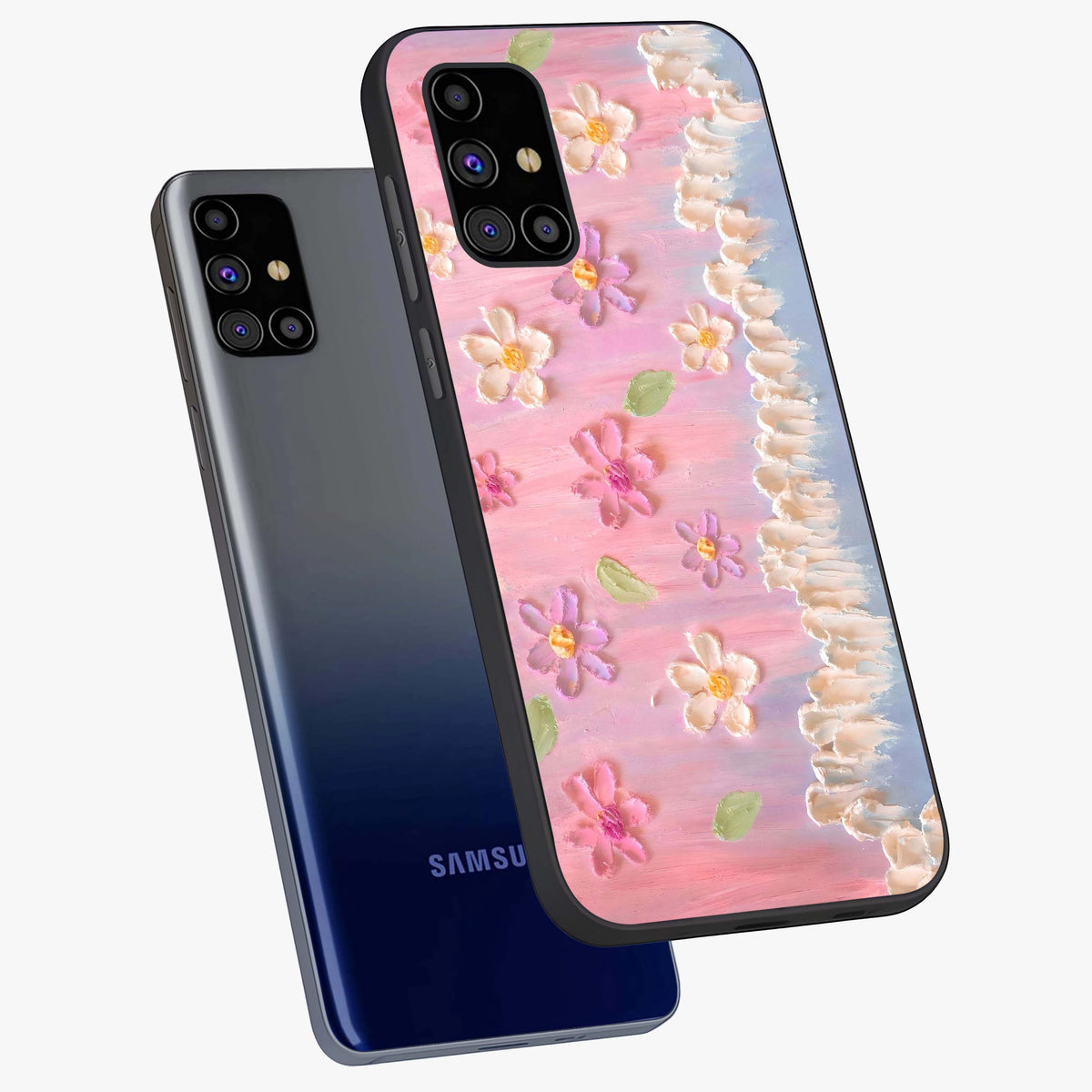 Dreamy Painted Garden Glass Case displayed in angled mockup highlighting colorful garden illustration with dreamy aesthetic style.