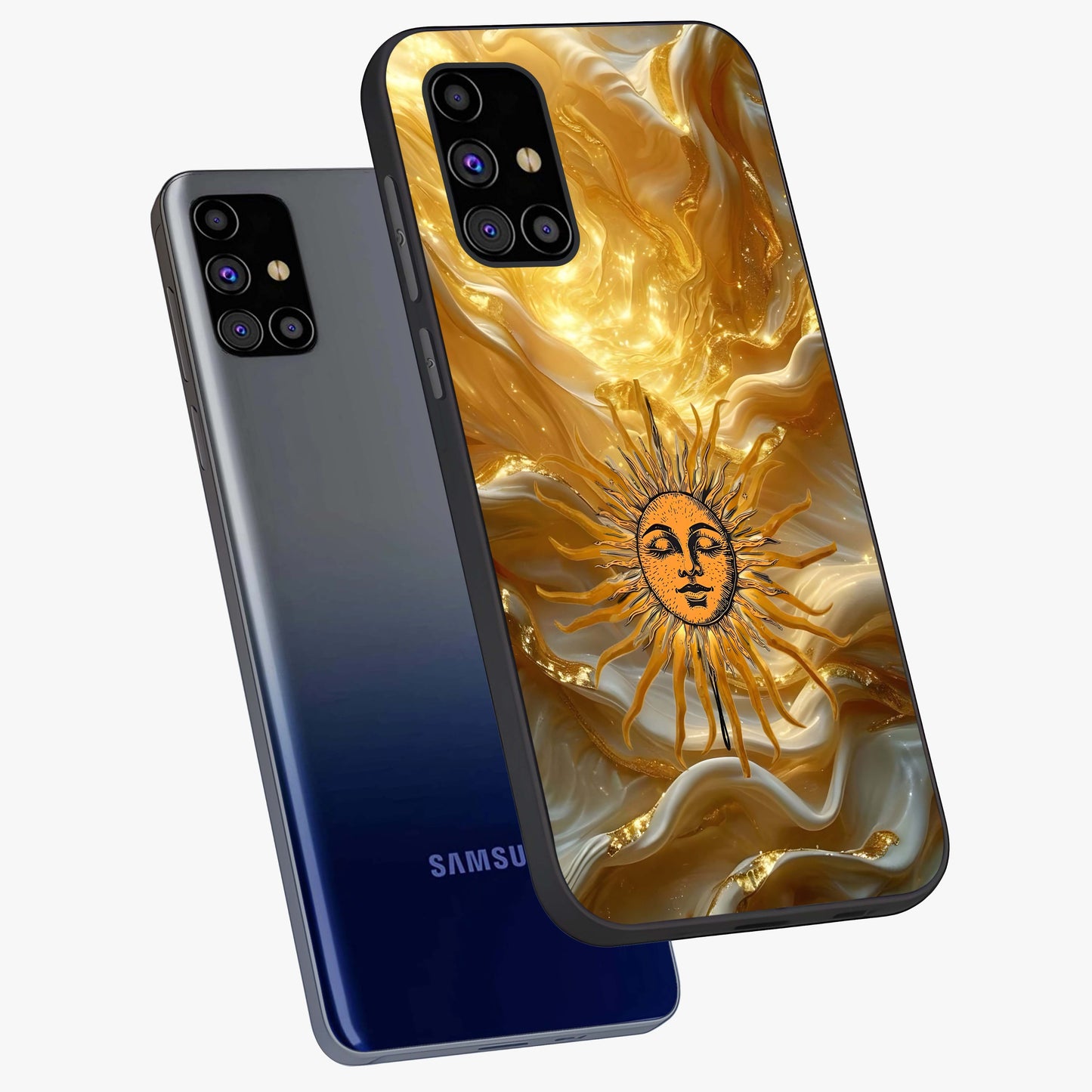 Eternal Golden Glow Glass Case displayed in angled mockup highlighting glowing golden aesthetic design with elegant style.