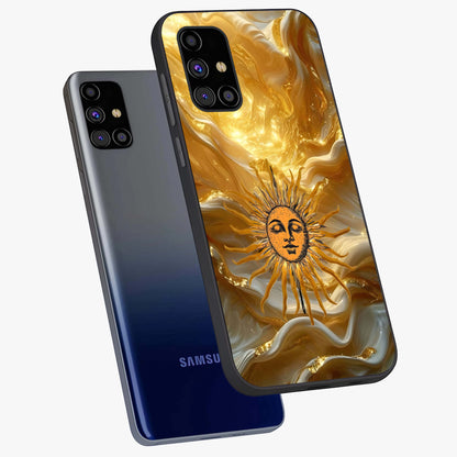Eternal Golden Glow Glass Case displayed in angled mockup highlighting glowing golden aesthetic design with elegant style.