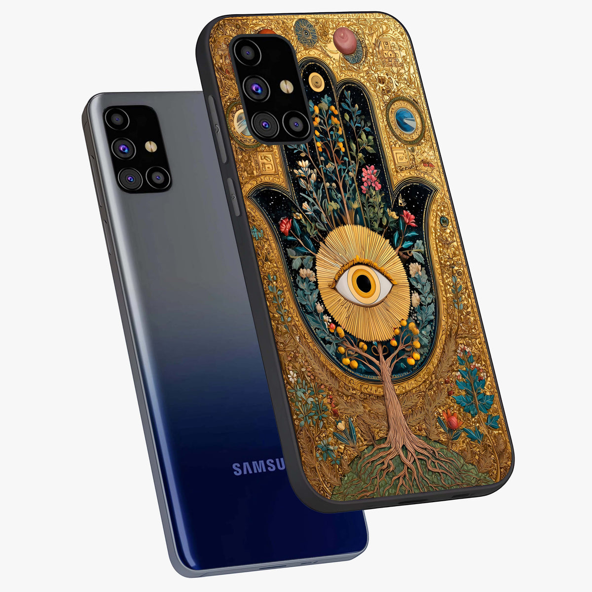 Ethereal Evil Eye Glass Case displayed in angled mockup highlighting protective evil eye symbol with spiritual aesthetic design.