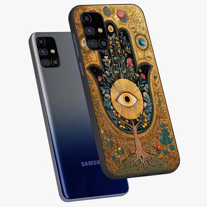 Ethereal Evil Eye Glass Case displayed in angled mockup highlighting protective evil eye symbol with spiritual aesthetic design.