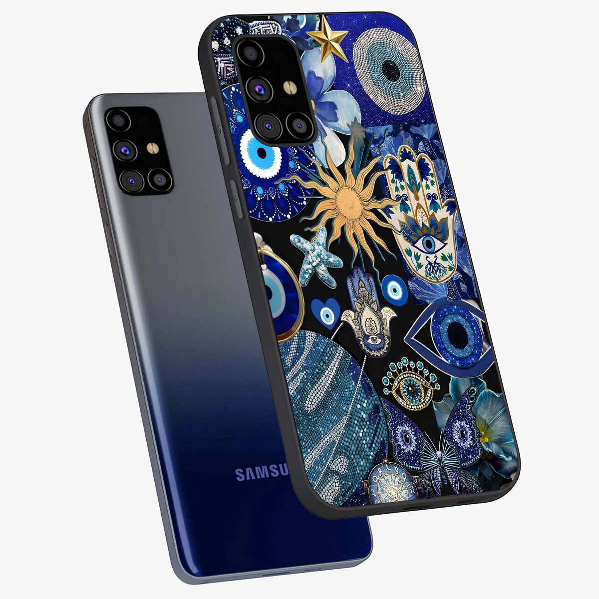 Evil Eye Charm Mix Glass Case displayed in angled mockup highlighting protective evil eye symbols with spiritual aesthetic design.