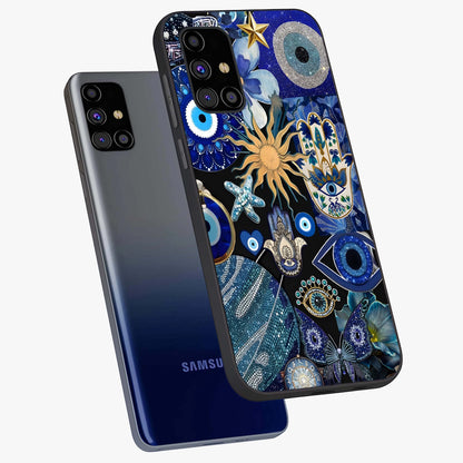 Evil Eye Charm Mix Glass Case displayed in angled mockup highlighting protective evil eye symbols with spiritual aesthetic design.