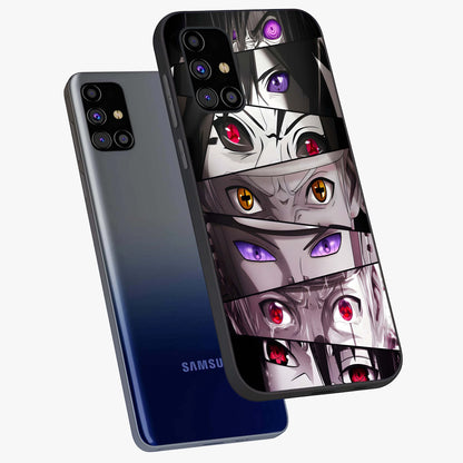 Eyes of Destiny Glass Case displayed in angled mockup highlighting bold eye illustration with mystical aesthetic style.