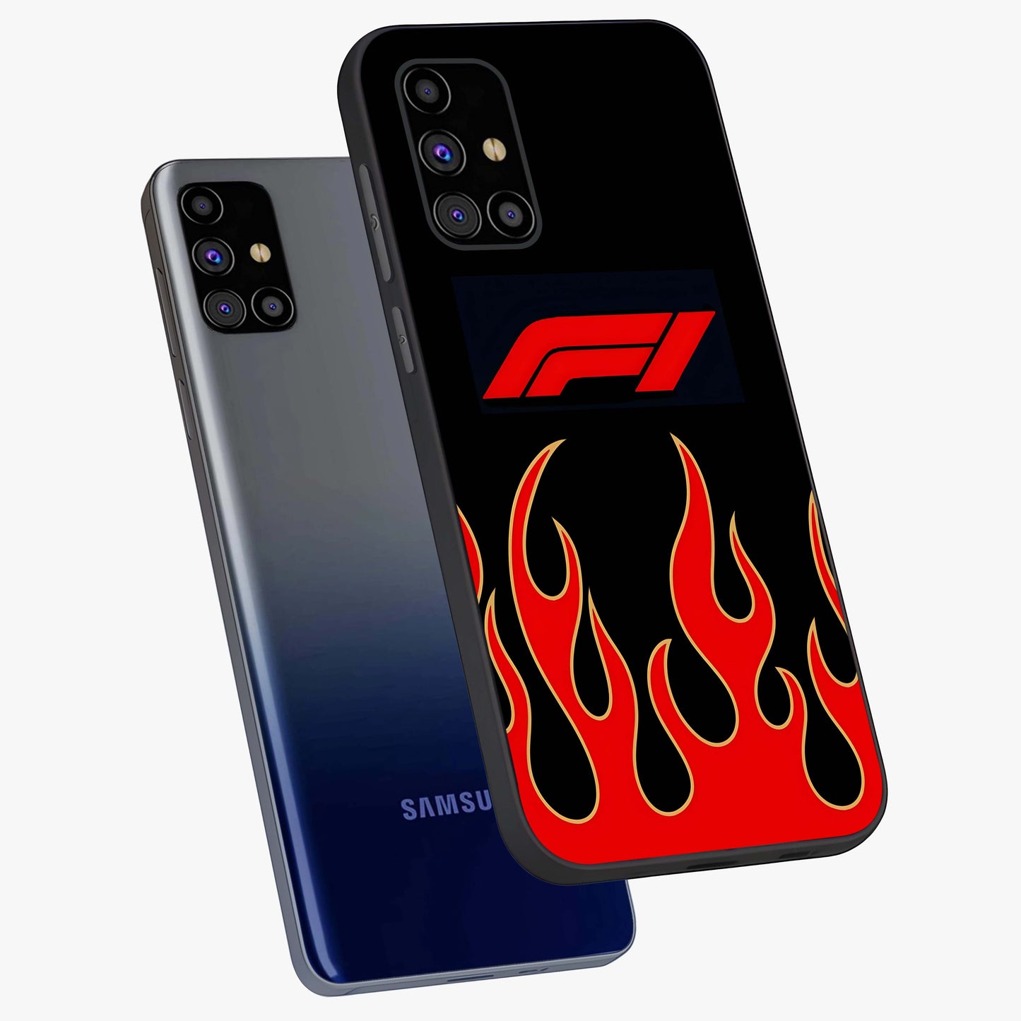 Fire F11 Glass Case displayed in angled mockup highlighting bold fire inspired graphic with energetic aesthetic style.