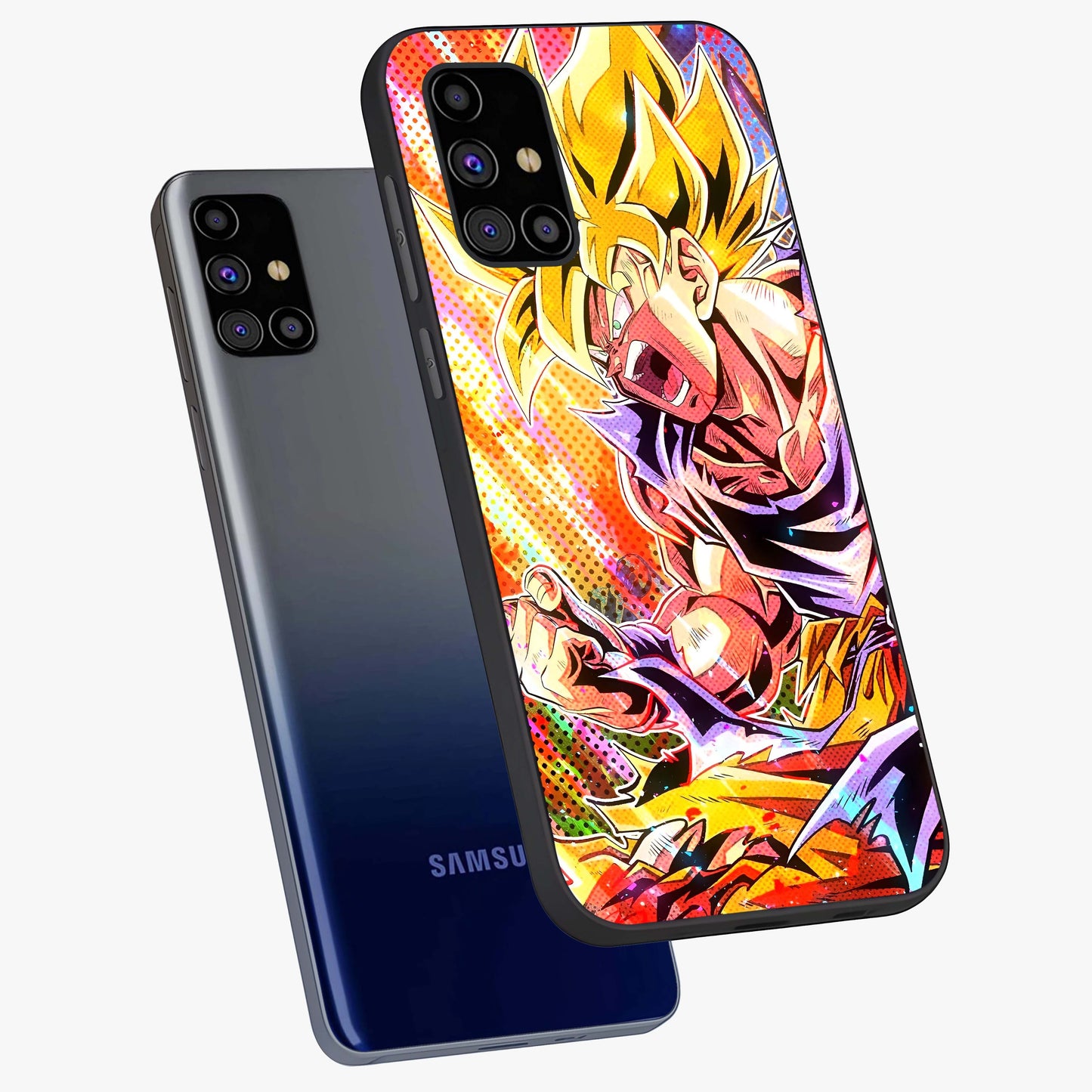 Firing Goku Glass Case displayed in angled mockup highlighting dynamic anime character design with action aesthetic.
