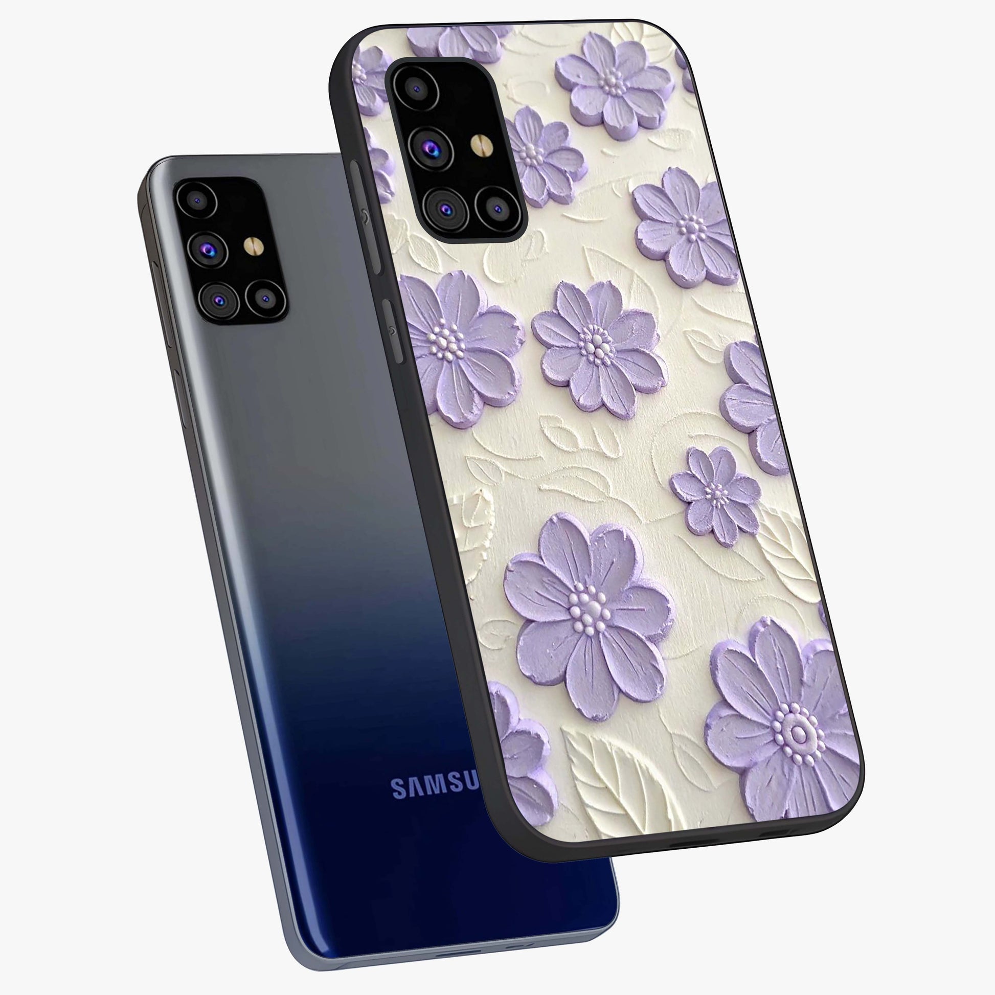 Floral Wall Art With Purple Flowers Glass Case displayed in angled mockup highlighting vibrant purple floral illustration with artistic aesthetic.