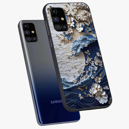 Floral Wave Origami Glass Case displayed in angled mockup highlighting geometric origami flower design with modern aesthetic style.