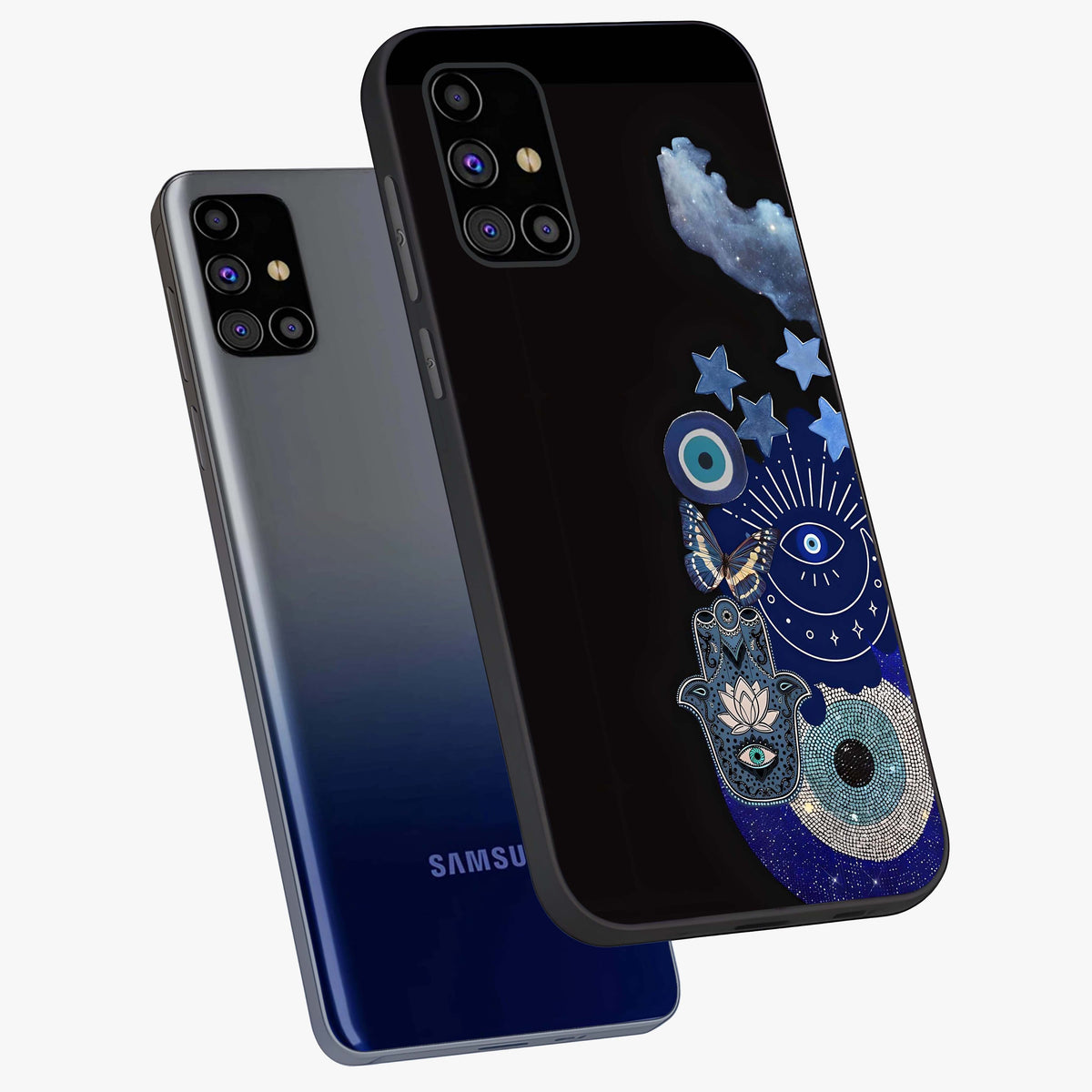 Galactic Charm Cluster Glass Case displayed in angled mockup highlighting luminous galaxy inspired design with dreamy aesthetic.