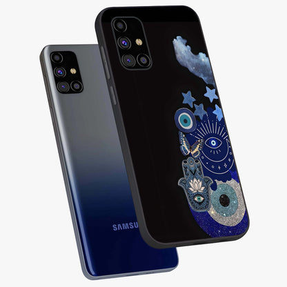 Galactic Charm Cluster Glass Case displayed in angled mockup highlighting luminous galaxy inspired design with dreamy aesthetic.