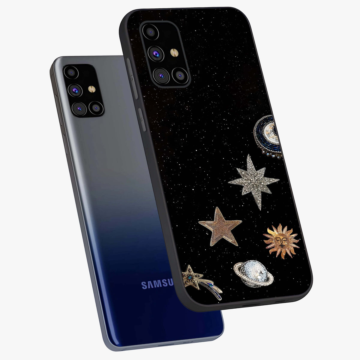 Galactic Charm Glow Glass Case displayed in angled mockup highlighting luminous galaxy inspired design with dreamy aesthetic.