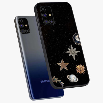 Galactic Charm Glow Glass Case displayed in angled mockup highlighting luminous galaxy inspired design with dreamy aesthetic.