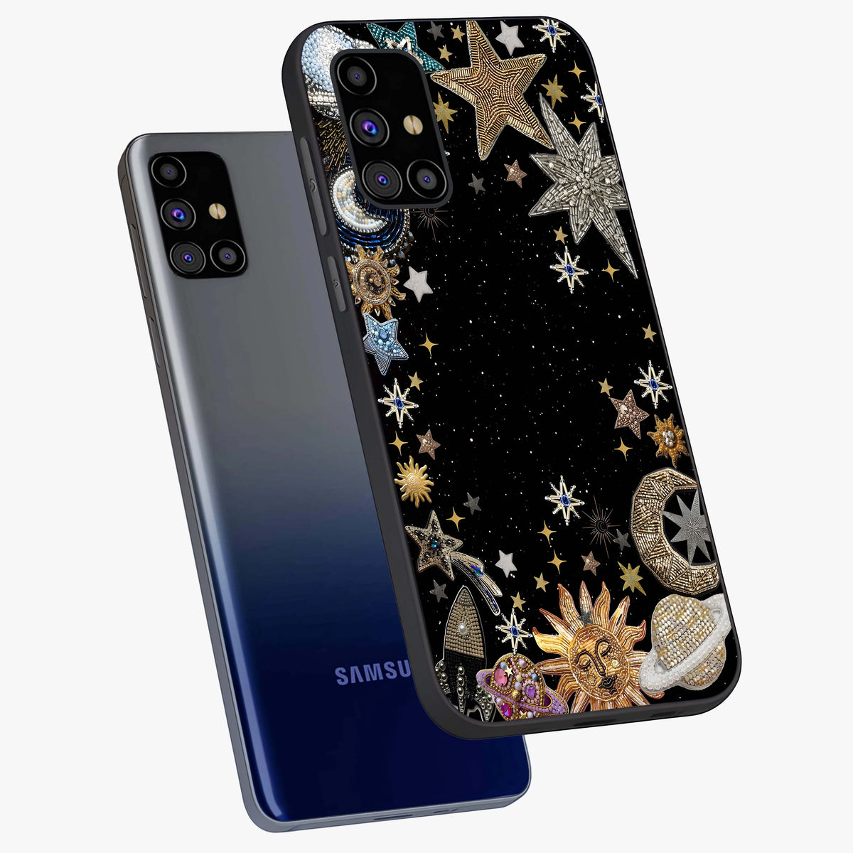 Galactic Jewel Stars Glass Case displayed in angled mockup highlighting shining celestial star design with cosmic aesthetic style.