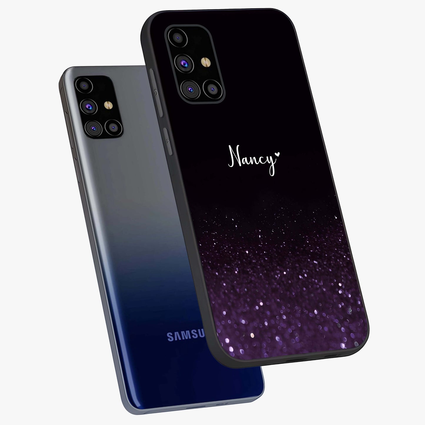 Glittery Purple Bokeh Custom Name Glass Case displayed in angled mockup highlighting glitter bokeh pattern with custom name feature.
