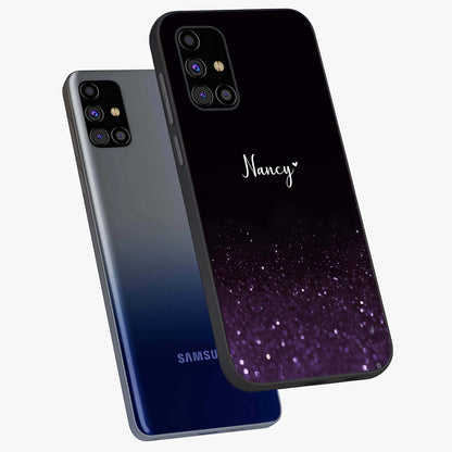 Glittery Purple Bokeh Custom Name Glass Case displayed in angled mockup highlighting glitter bokeh pattern with custom name feature.