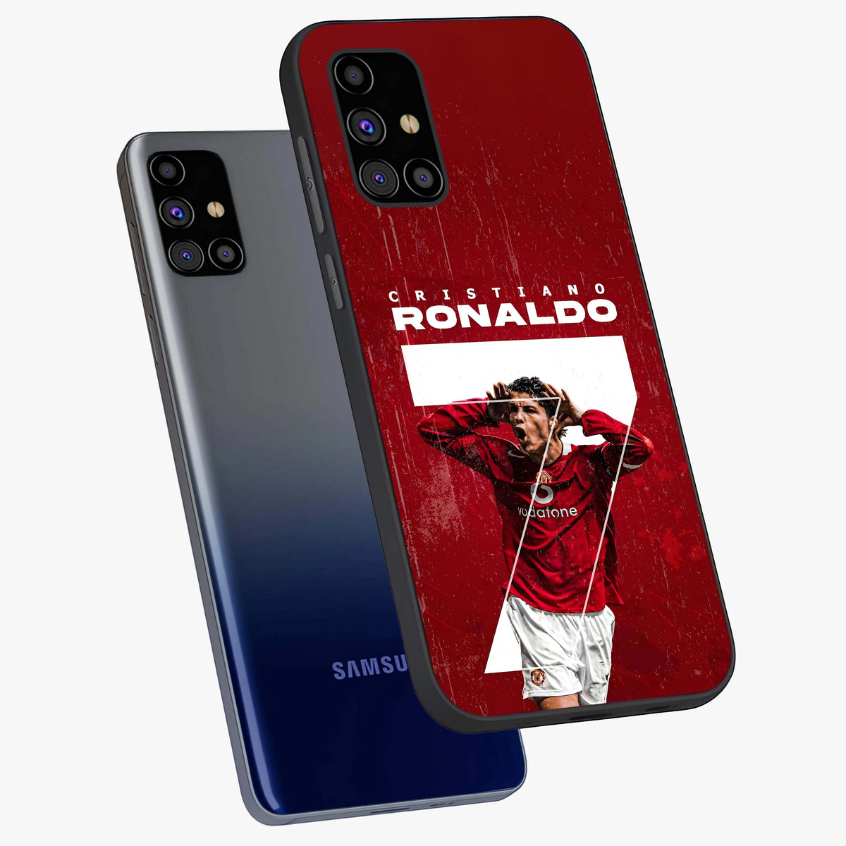 Goal Celebration Legacy Glass Case displayed in angled mockup highlighting energetic sports celebration design with bold athletic theme.