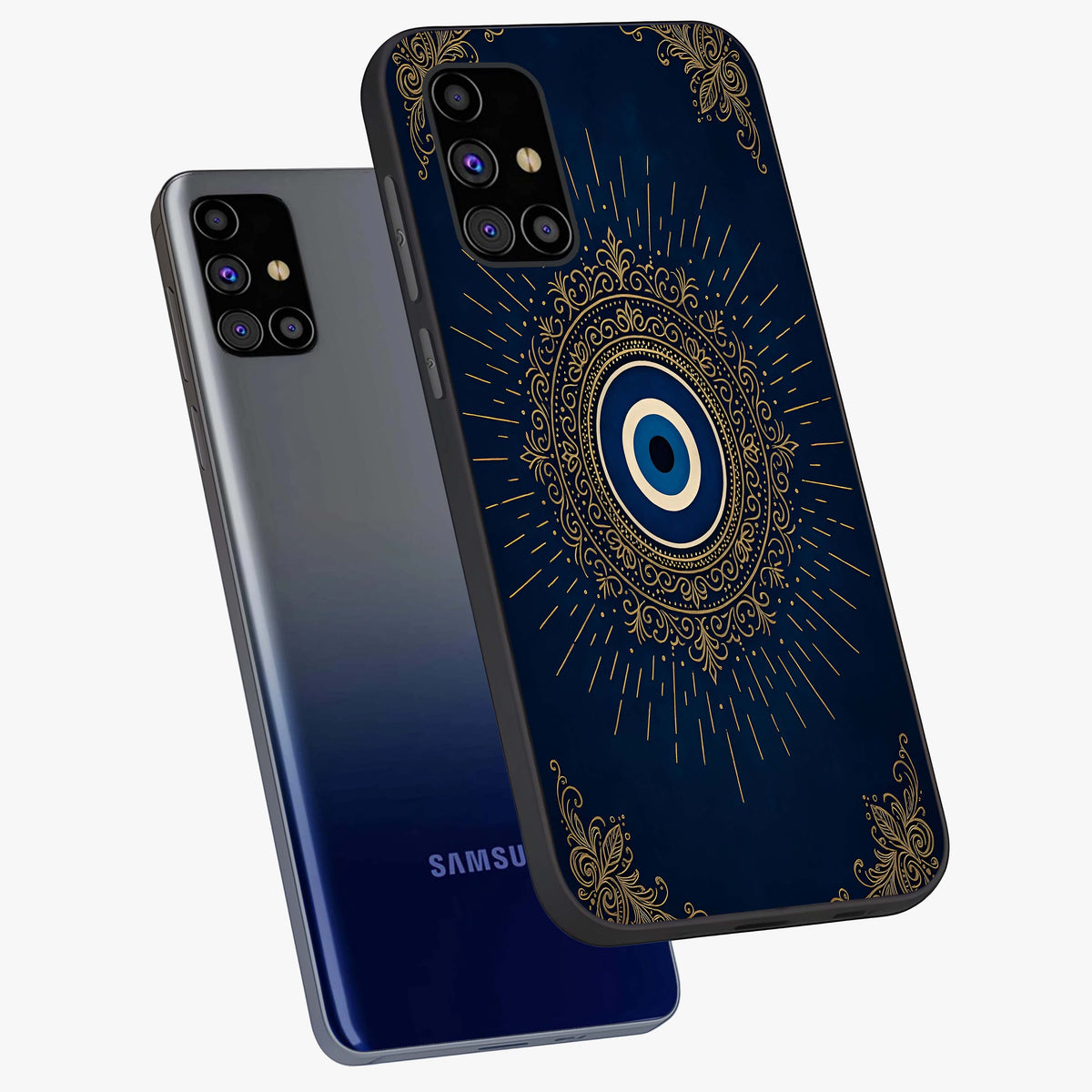 Golden Celestial Charm Glass Case displayed in angled mockup highlighting sparkling cosmic charm design with celestial aesthetic.
