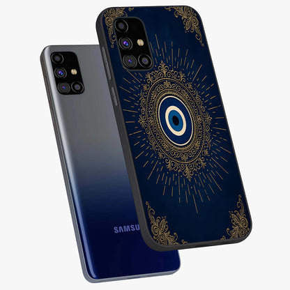 Golden Celestial Charm Glass Case displayed in angled mockup highlighting sparkling cosmic charm design with celestial aesthetic.
