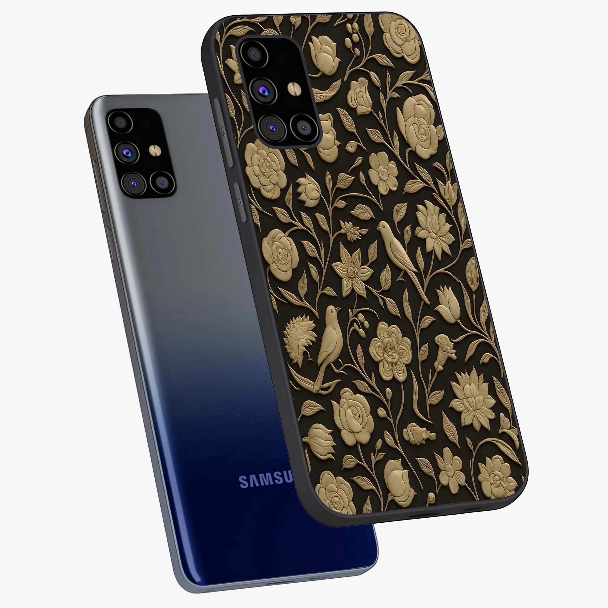 Golden Evil Eye Mandala Glass Case displayed in angled mockup highlighting protective evil eye symbol with golden mandala design.