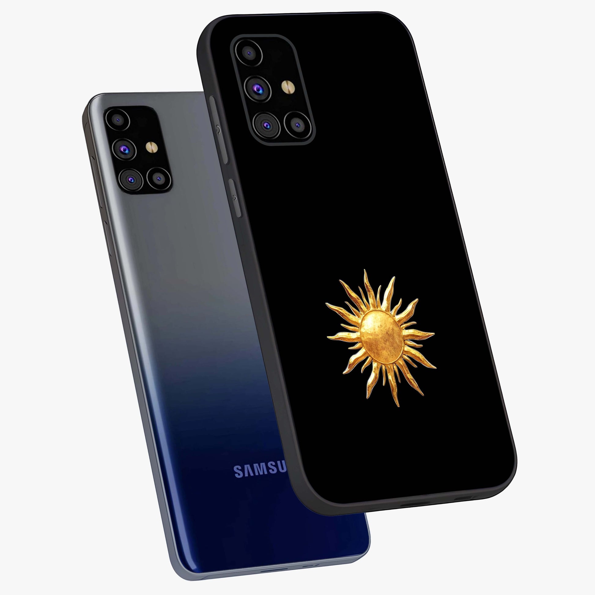 Golden Sun Minimalism Glass Case displayed in angled mockup highlighting eerie shadow illustration with gothic aesthetic.